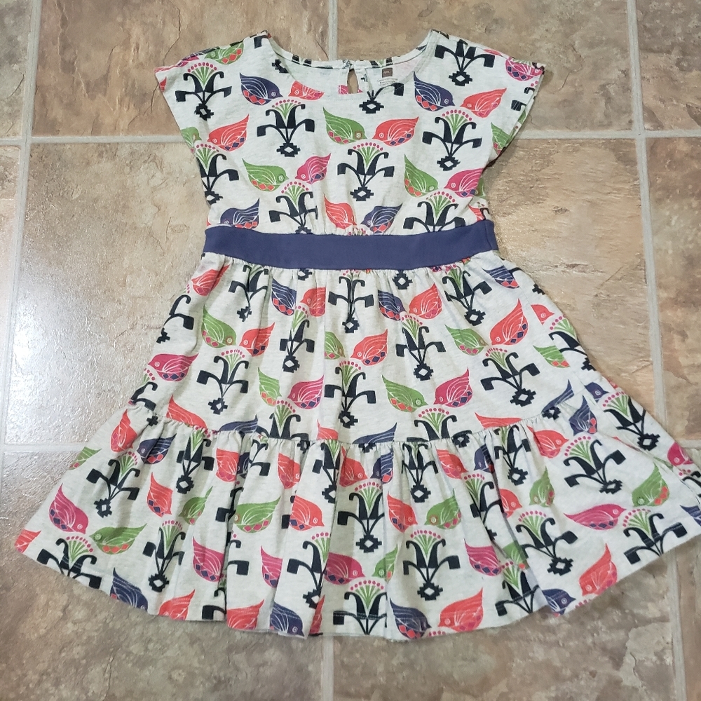Tea Collection Love Birds print ruffle hem dress 100% cotton tee style